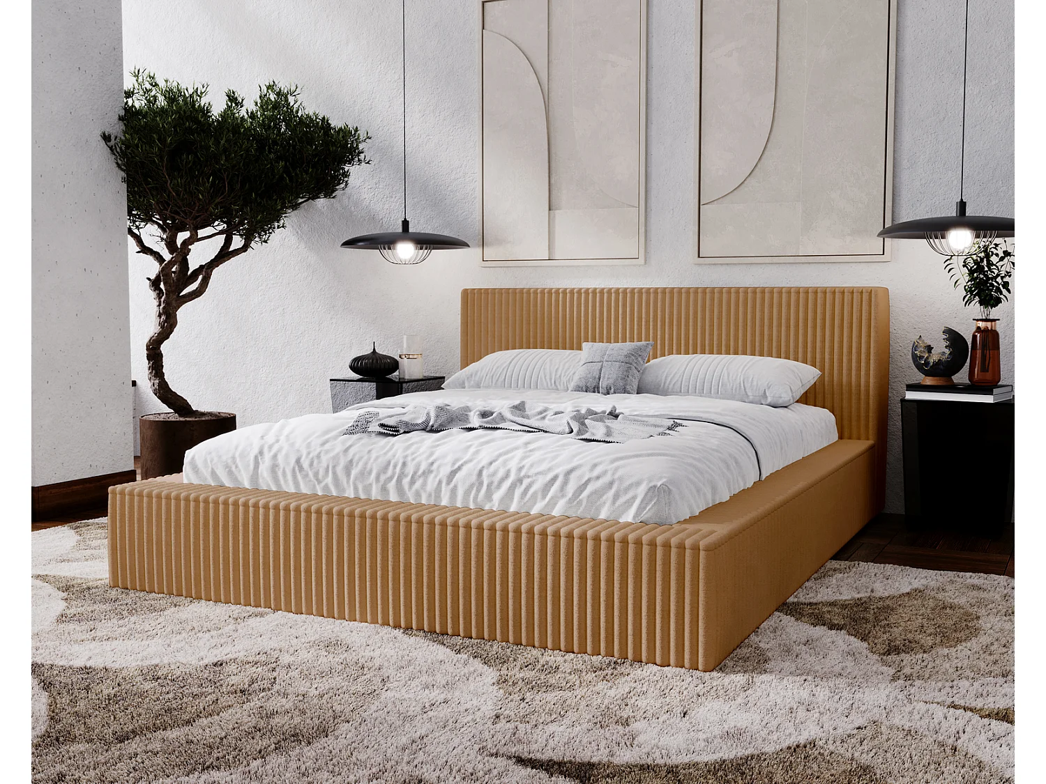 Emporius Lit avec cadre 160 x 200 Buffy - Lit capitonné avec Rangement, Tissu de fourrure, Orange (Vito 44)