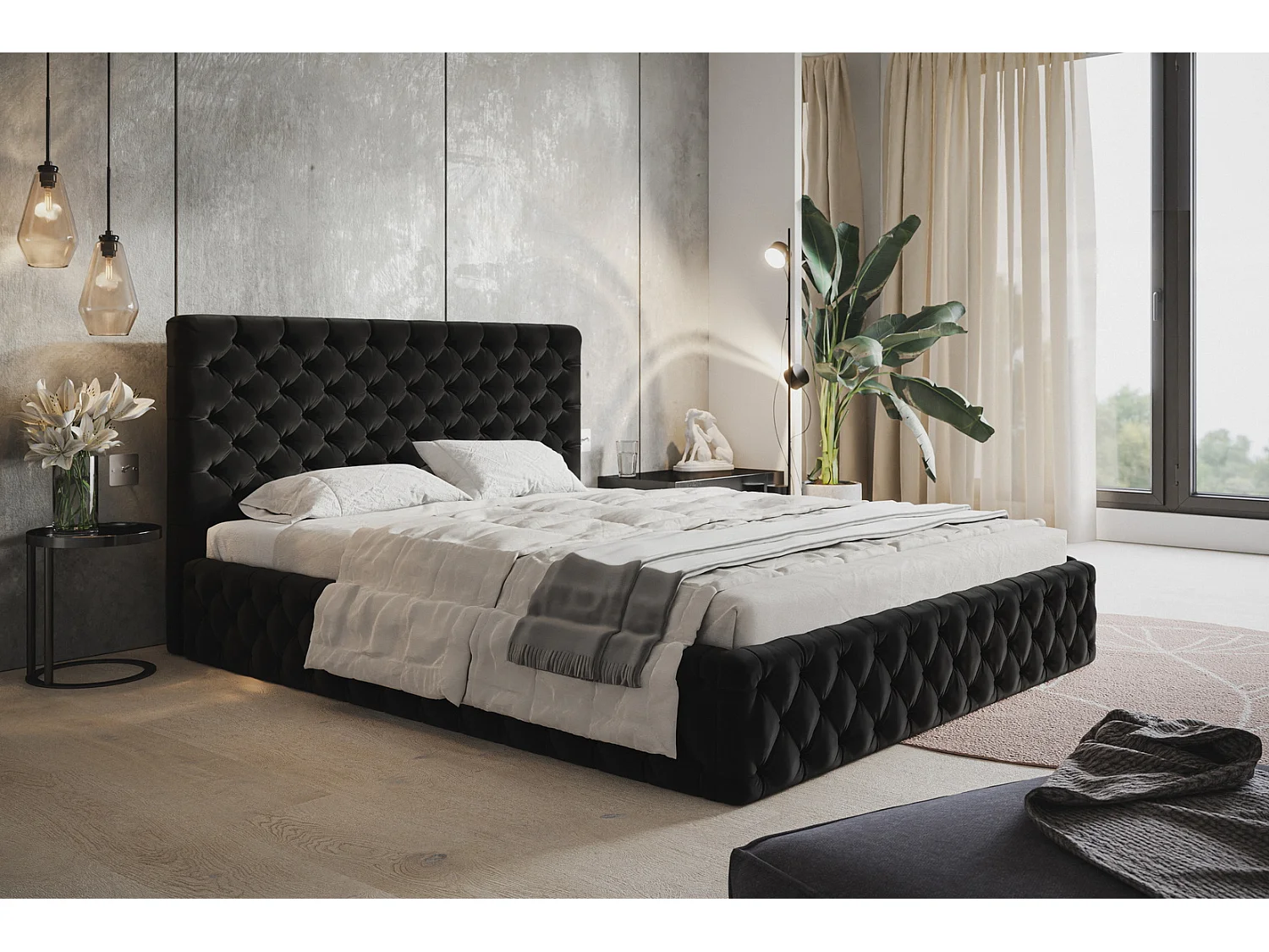 Lit adulte 180x200 Furis - Lit double avec Rangment - Lit rembourré, lit chesterfield 140x200 - Velvet Noir (Amor Velvet 4322)