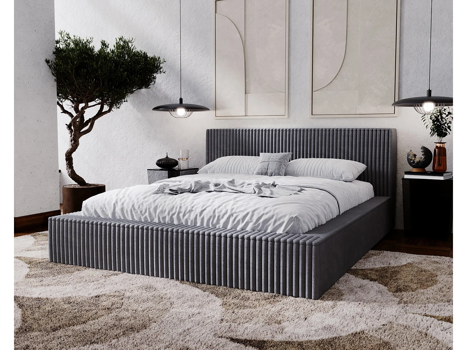 Emporius Lit avec cadre 140 x 200 Buffy - Lit capitonné avec Rangement, Tissu de fourrure, Gris foncé (Vito 18)