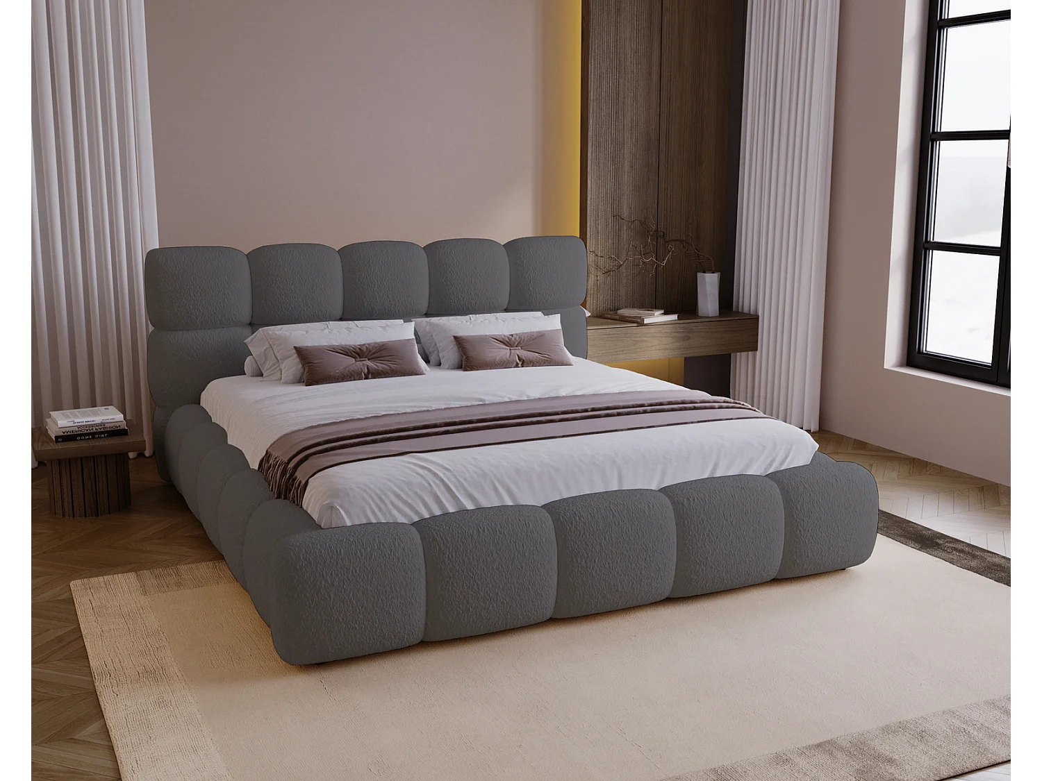 Lit rembourré 140x200 cm Lucca - lit coffre, bouclé, sommier - Gris (Lambi 12)