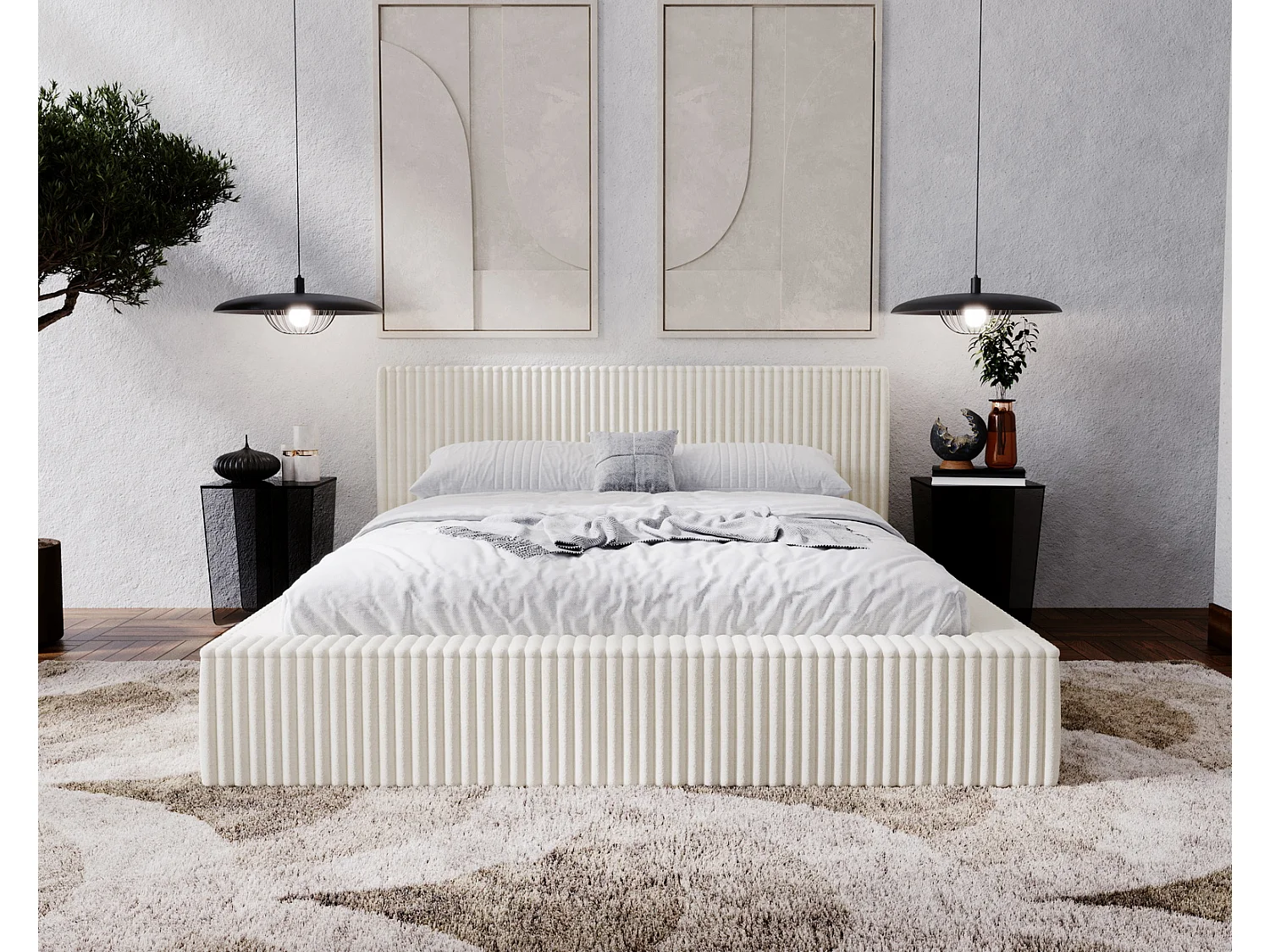 Emporius Lit avec cadre 200 x 200 Buffy - Lit capitonné avec Rangement, Tissu de fourrure, Beige (Vito 23)