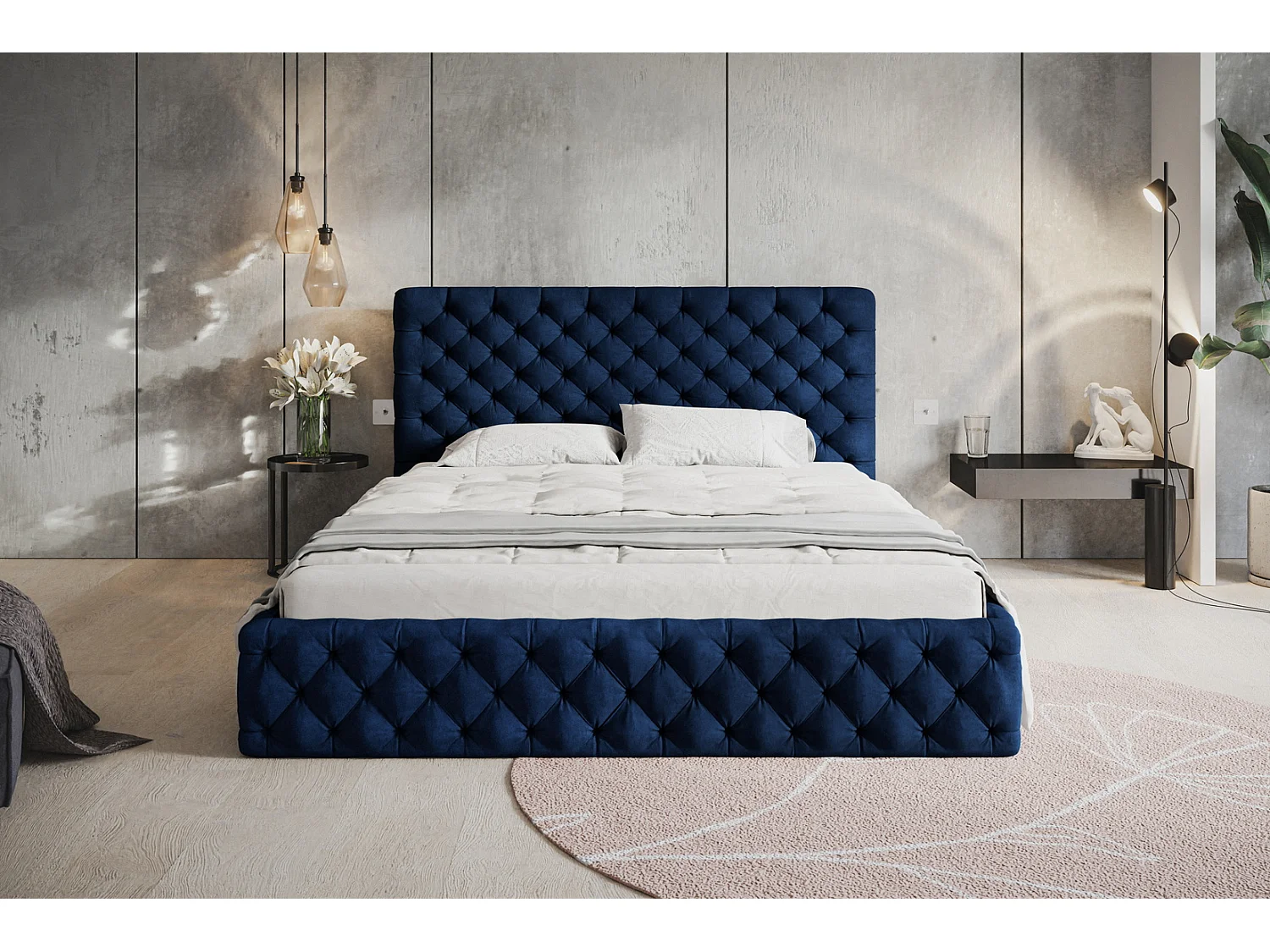 Lit adulte 180x200 Furis - Lit double avec Rangment - Lit rembourré, lit chesterfield 140x200 - Velvet Bleu (Kronos 09)