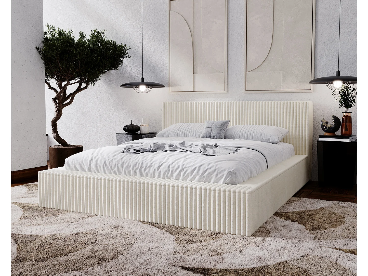 Emporius Lit avec cadre 160 x 200 Buffy - Lit capitonné avec Rangement, Tissu de fourrure, Beige (Vito 23)