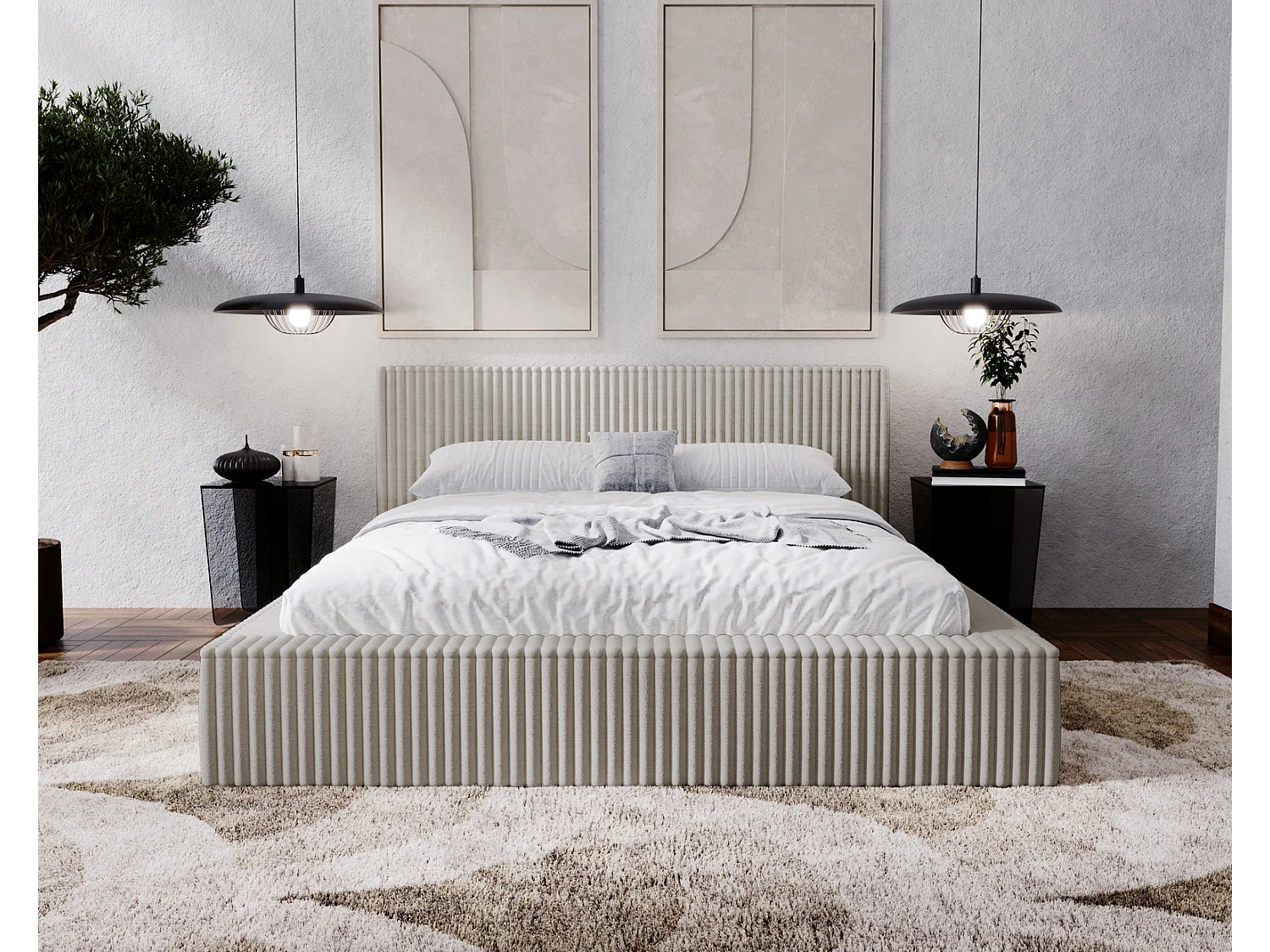 Emporius Lit avec cadre 200 x 200 Buffy - Lit capitonné avec Rangement, Tissu de fourrure, Gris clair (Vito 07)