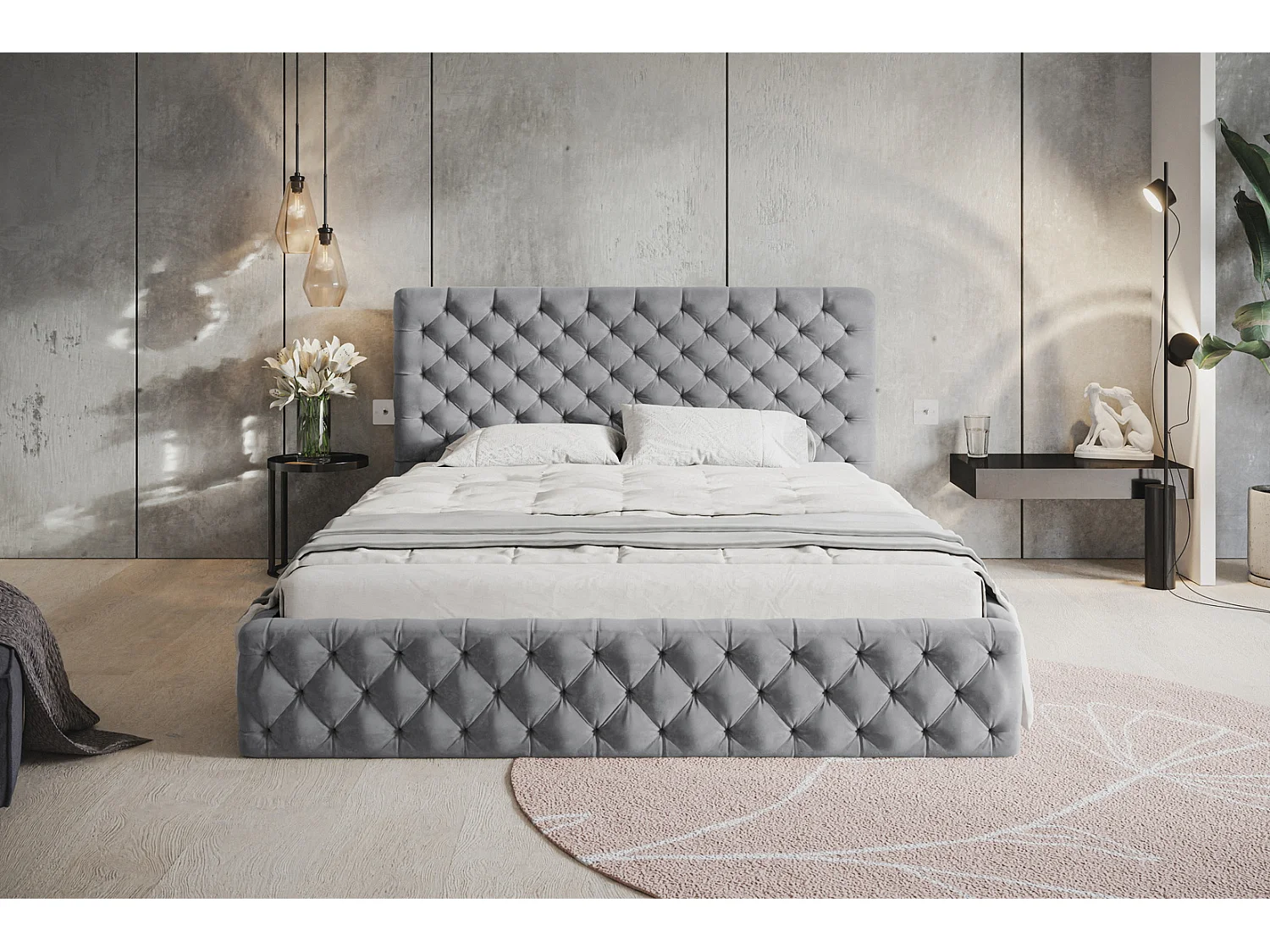 Lit adulte 160x200 Furis - Lit double avec Rangment - Lit rembourré, lit chesterfield 140x200 - Velvet Gris clair (Jasmine 90)