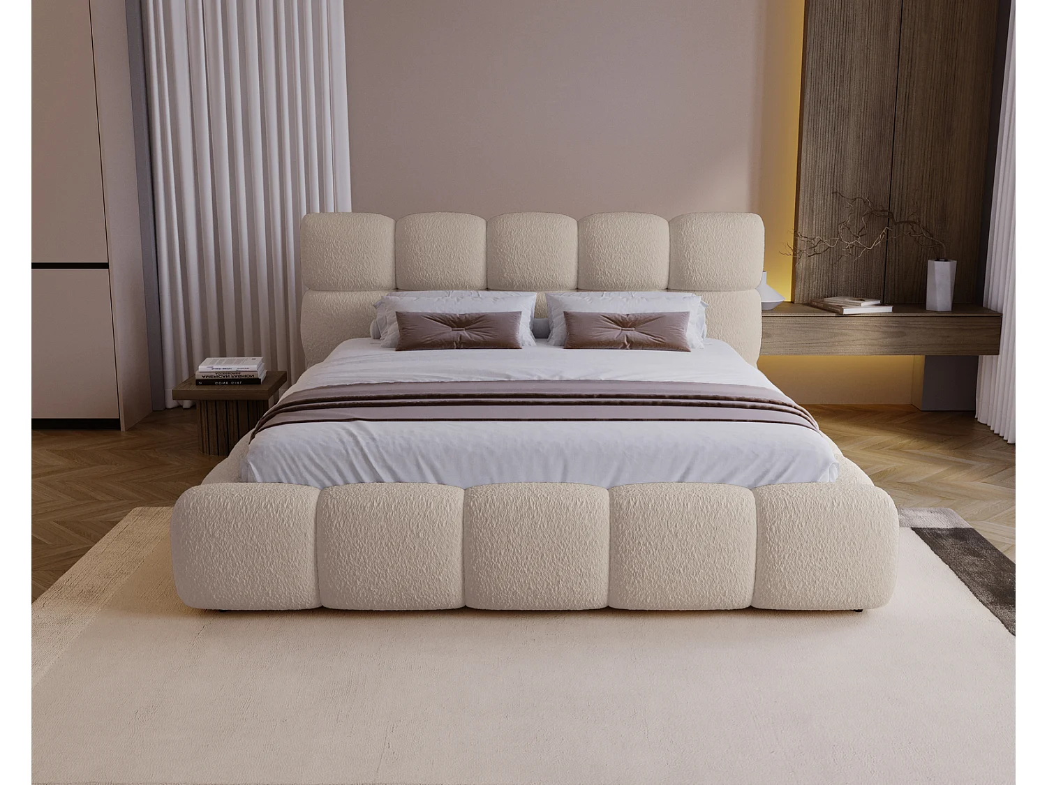 Lit rembourré 140x200 cm Lucca - lit coffre, bouclé, sommier - Beige (Lambi 6)