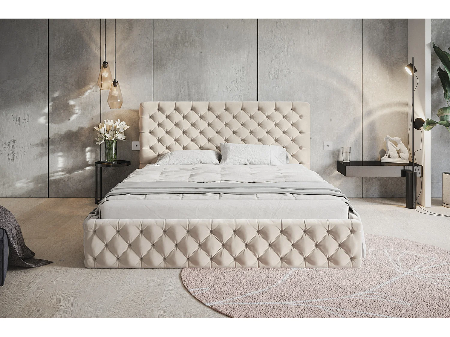 Lit adulte 180x200 Furis - Lit double avec Rangment - Lit rembourré, lit chesterfield 140x200 - Velvet Beige (Amor Velvet 4304)
