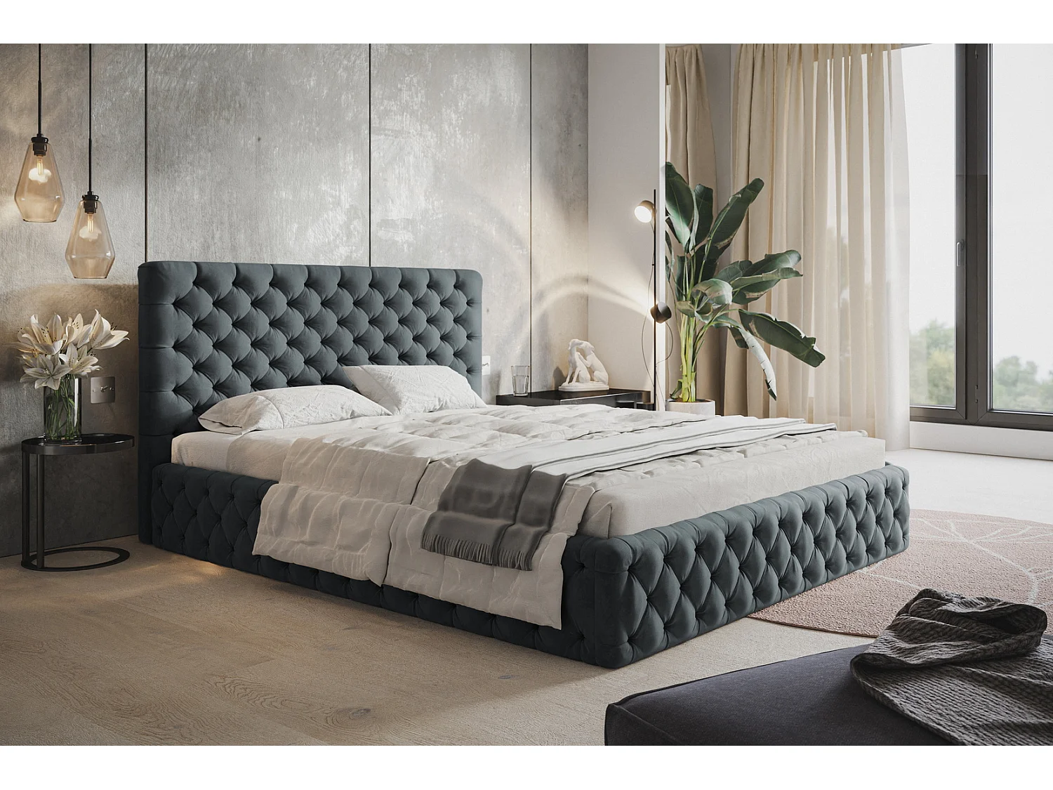 Lit adulte 180x200 Furis - Lit double avec Rangment - Lit rembourré, lit chesterfield 140x200 - Velvet Gris foncé (Jasmine 96)
