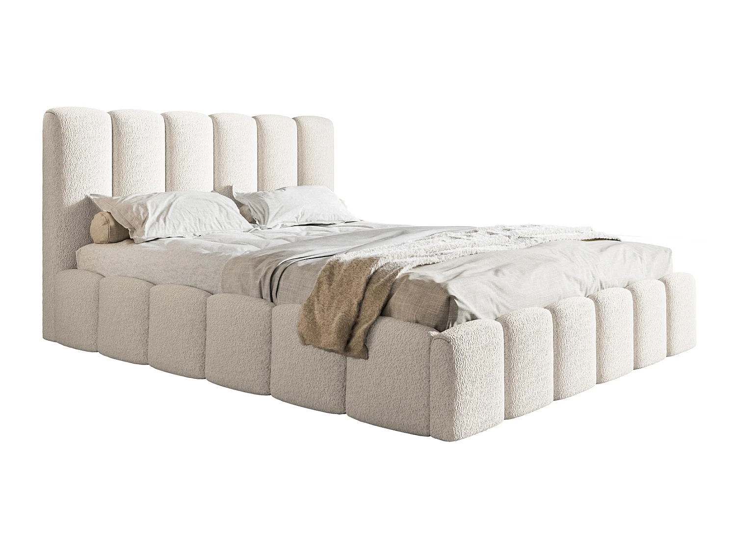 Polsterbett 140x200 Palermo mit Lattenrost - Bettkasten, Bouclé stoff Creme (Anthology 1)