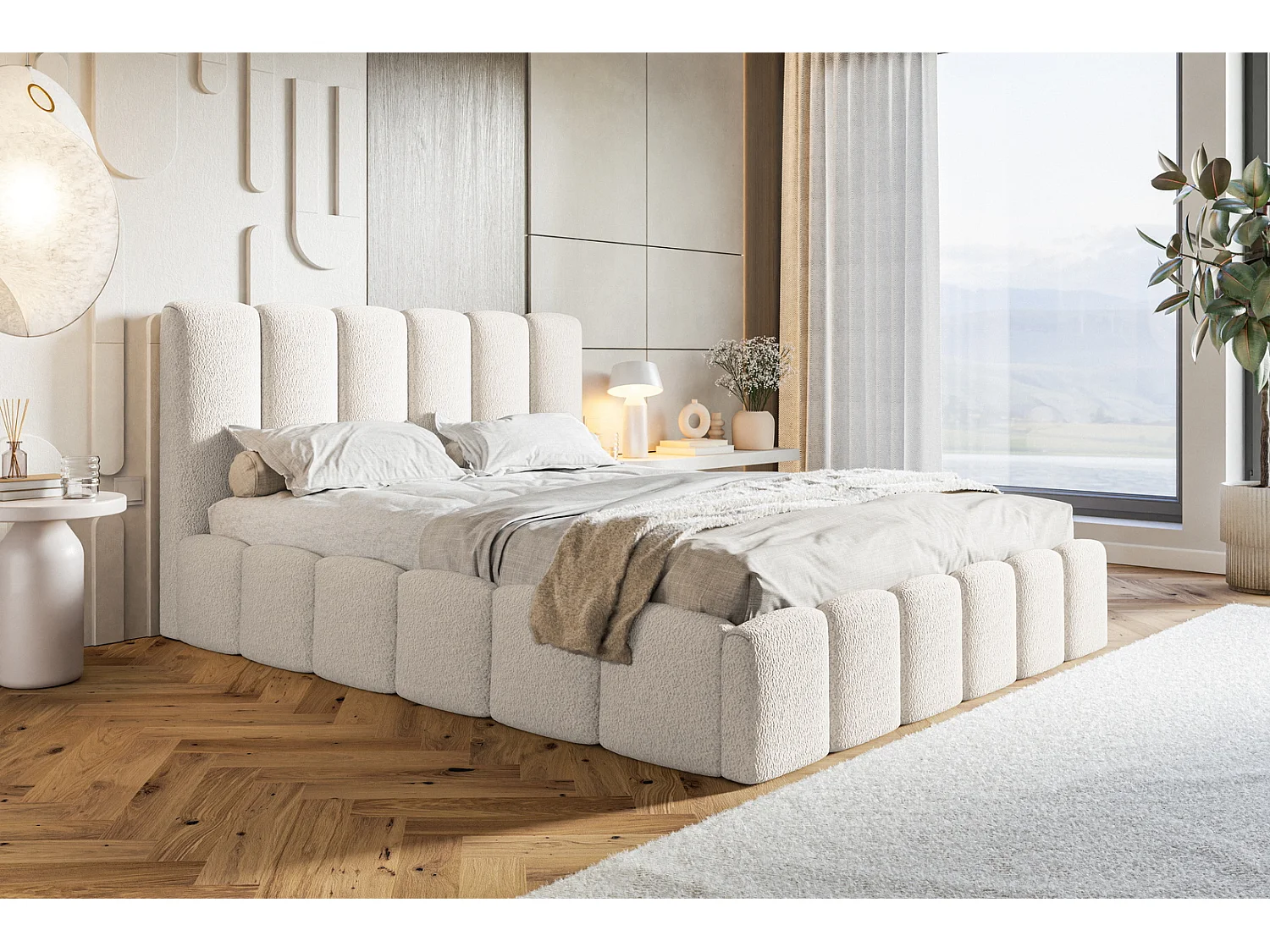 Polsterbett 140x200 Palermo mit Lattenrost - Bettkasten, Bouclé stoff Creme (Anthology 1)