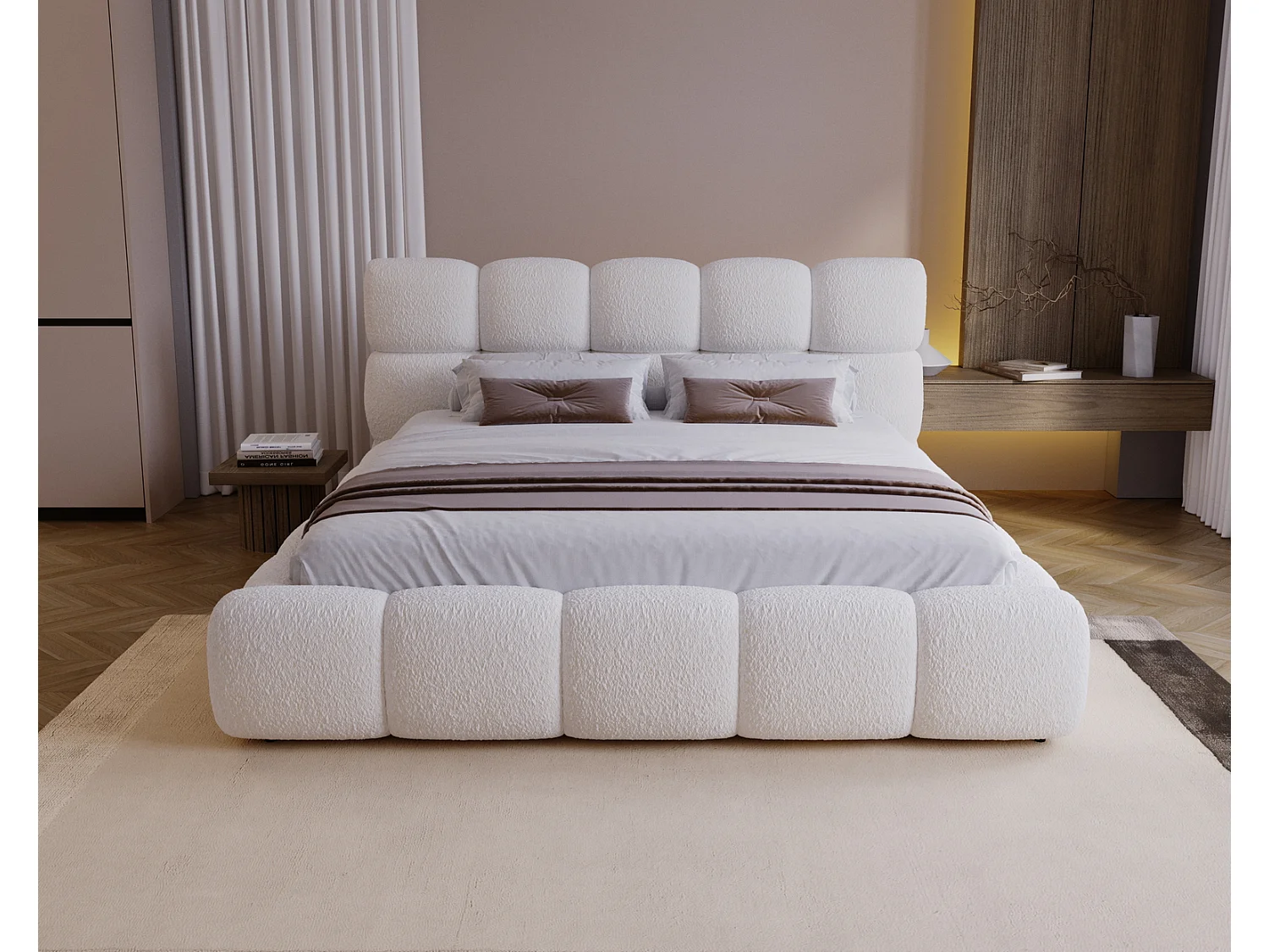 Lit rembourré 200x200 cm Lucca - lit coffre, bouclé, sommier - Crème (Lambi 1)