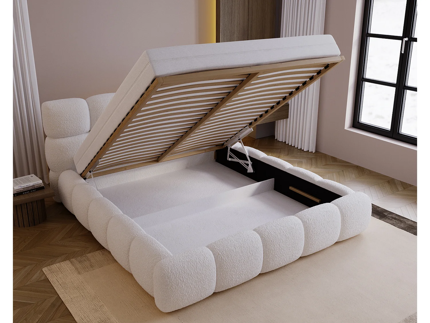 Lit rembourré 200x200 cm Lucca - lit coffre, bouclé, sommier - Crème (Lambi 1)