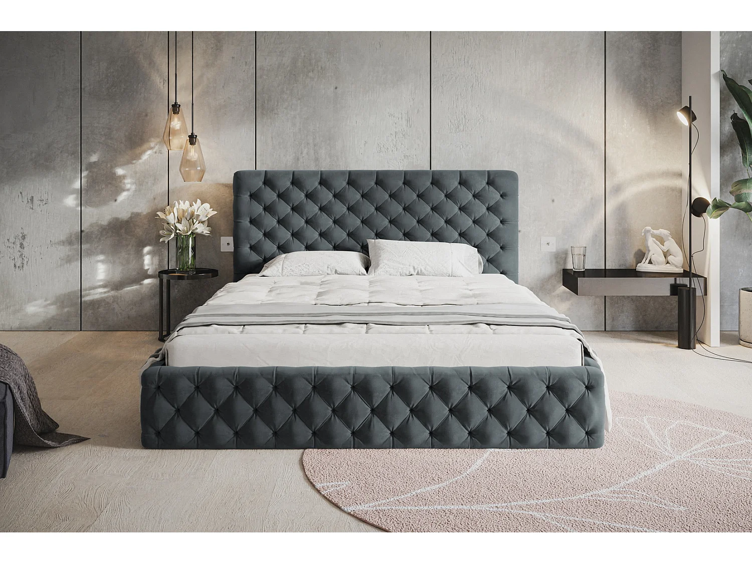 Lit adulte 140x200 Furis - Lit double avec Rangment - Lit rembourré, lit chesterfield 140x200 - Velvet Gris foncé (Jasmine 96)