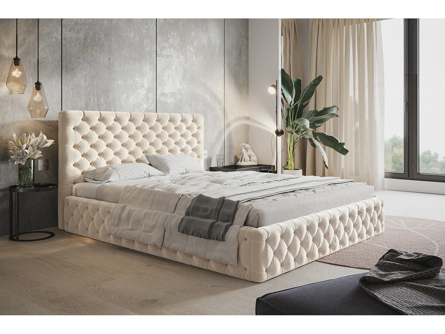 Lit adulte 140x200 Furis - Lit double avec Rangment - Lit rembourré, lit chesterfield 140x200 - Velvet Beige (Amor Velvet 4304)