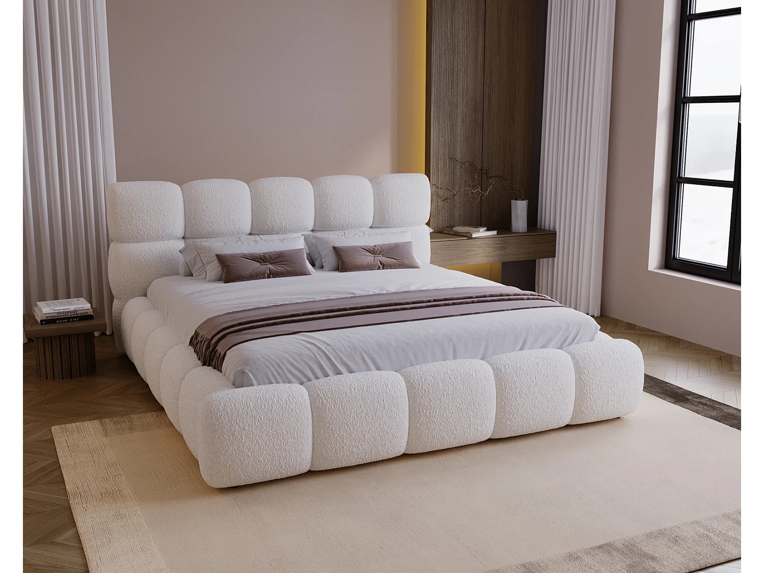 Lit rembourré 180x200 cm Lucca - lit coffre, bouclé, sommier - Crème (Lambi 1)