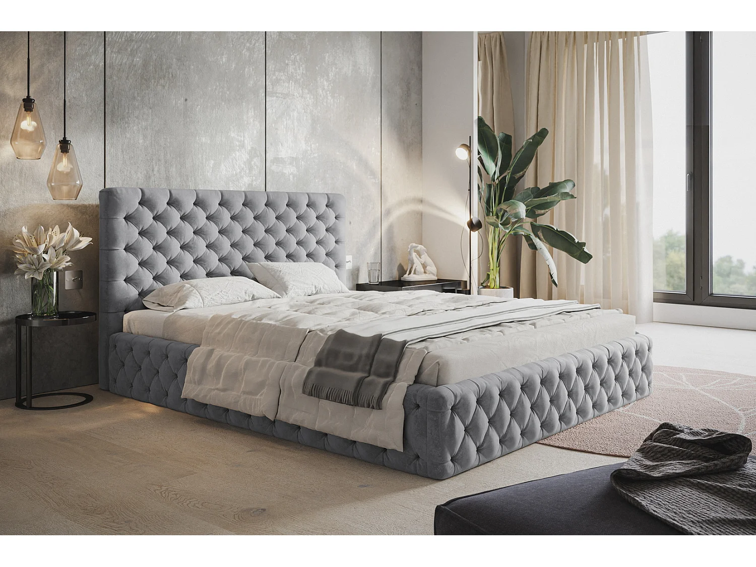 Lit adulte 140x200 Furis - Lit double avec Rangment - Lit rembourré, lit chesterfield 140x200 - Velvet Gris clair (Jasmine 90)