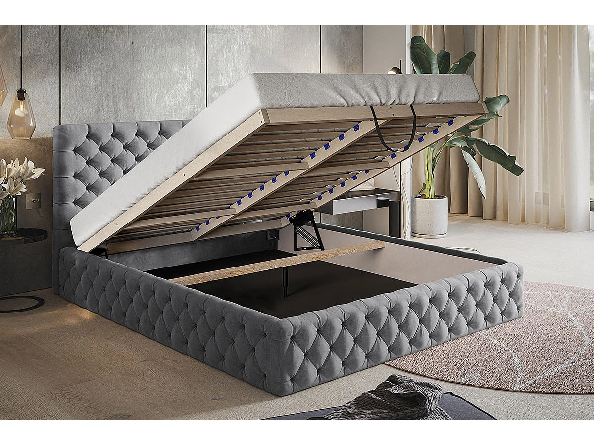 Lit adulte 140x200 Furis - Lit double avec Rangment - Lit rembourré, lit chesterfield 140x200 - Velvet Gris clair (Jasmine 90)