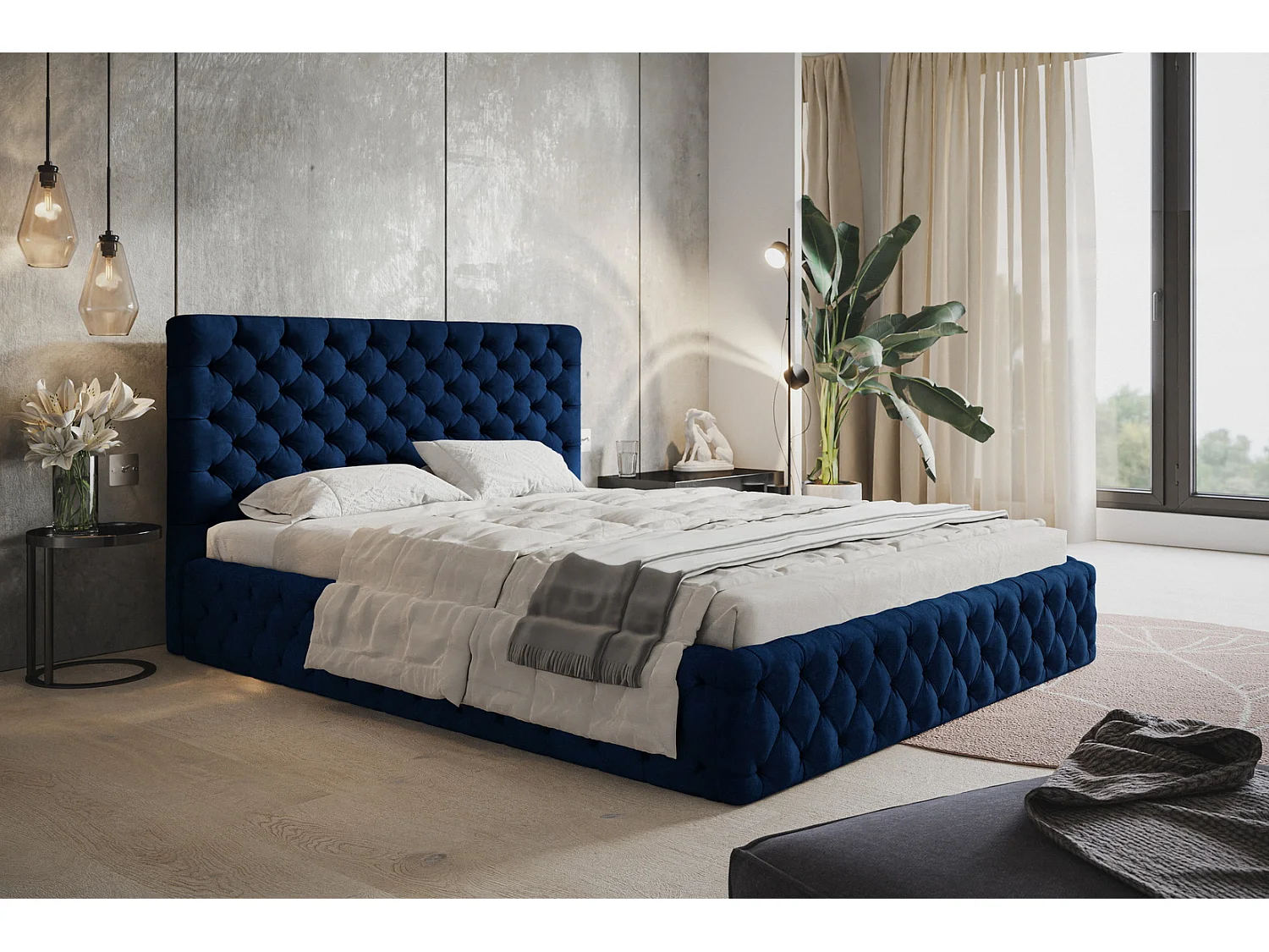 Lit adulte 160x200 Furis - Lit double avec Rangment - Lit rembourré, lit chesterfield 140x200 - Velvet Bleu (Kronos 09)