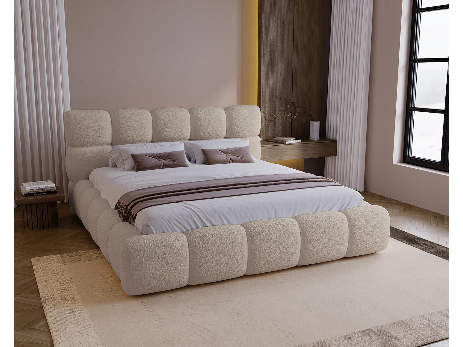 Lit rembourré 160x200 cm Lucca - lit coffre, bouclé, sommier - Beige (Lambi 6)