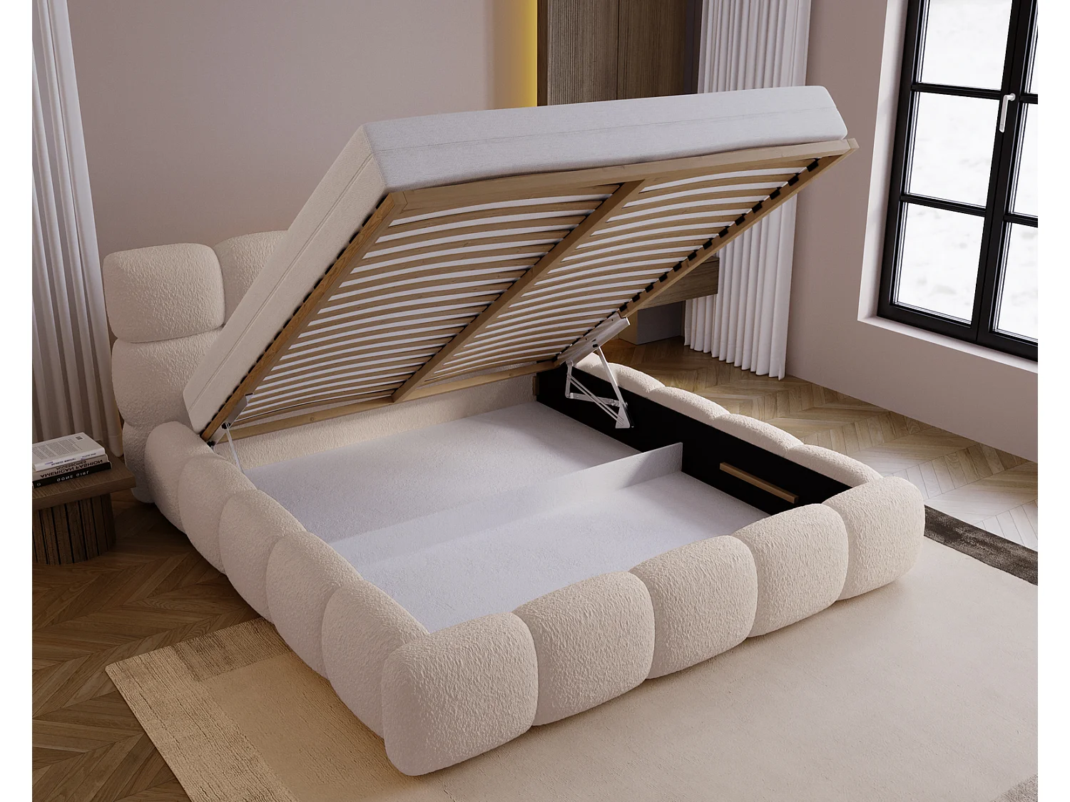 Lit rembourré 160x200 cm Lucca - lit coffre, bouclé, sommier - Beige (Lambi 6)
