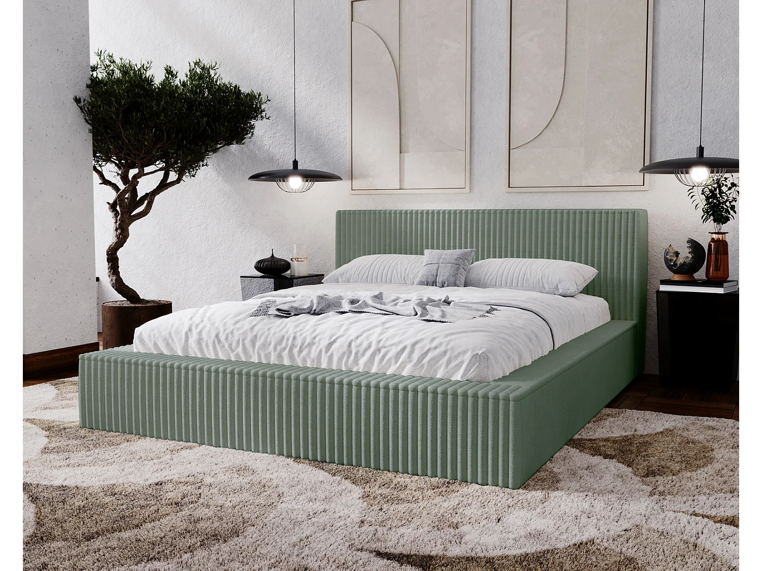Emporius Lit avec cadre 160 x 200 Buffy - Lit capitonné avec Rangement, Tissu de fourrure, Vert (Vito 77)