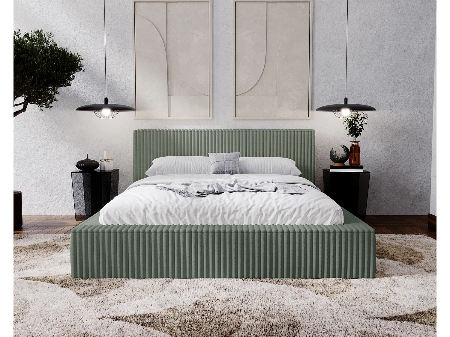 Emporius Lit avec cadre 160 x 200 Buffy - Lit capitonné avec Rangement, Tissu de fourrure, Vert (Vito 77)