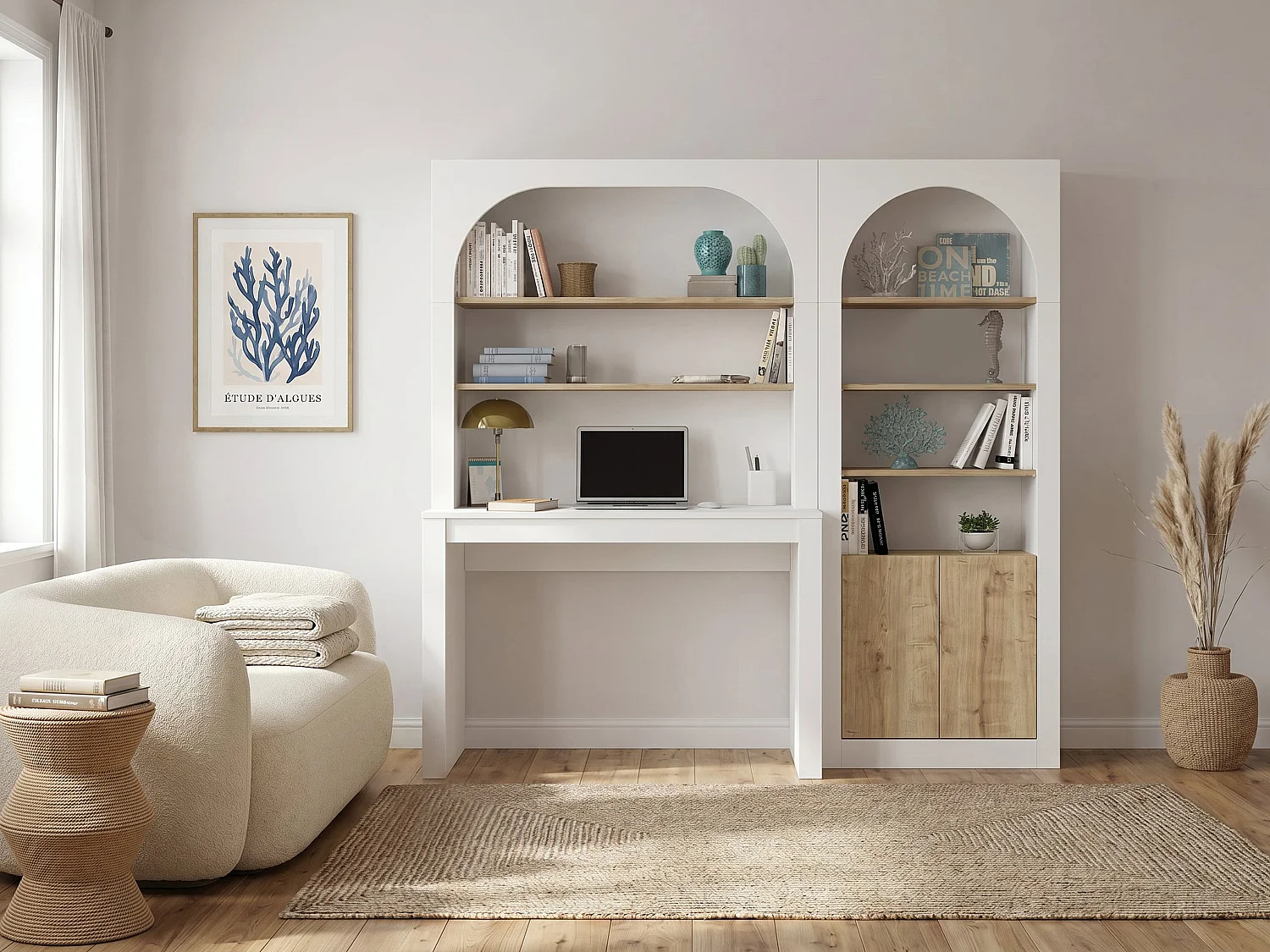 Bureau bibliothèque avec 2 étagères 4 niches et 2 portes - Blanc et naturel - CYMORA