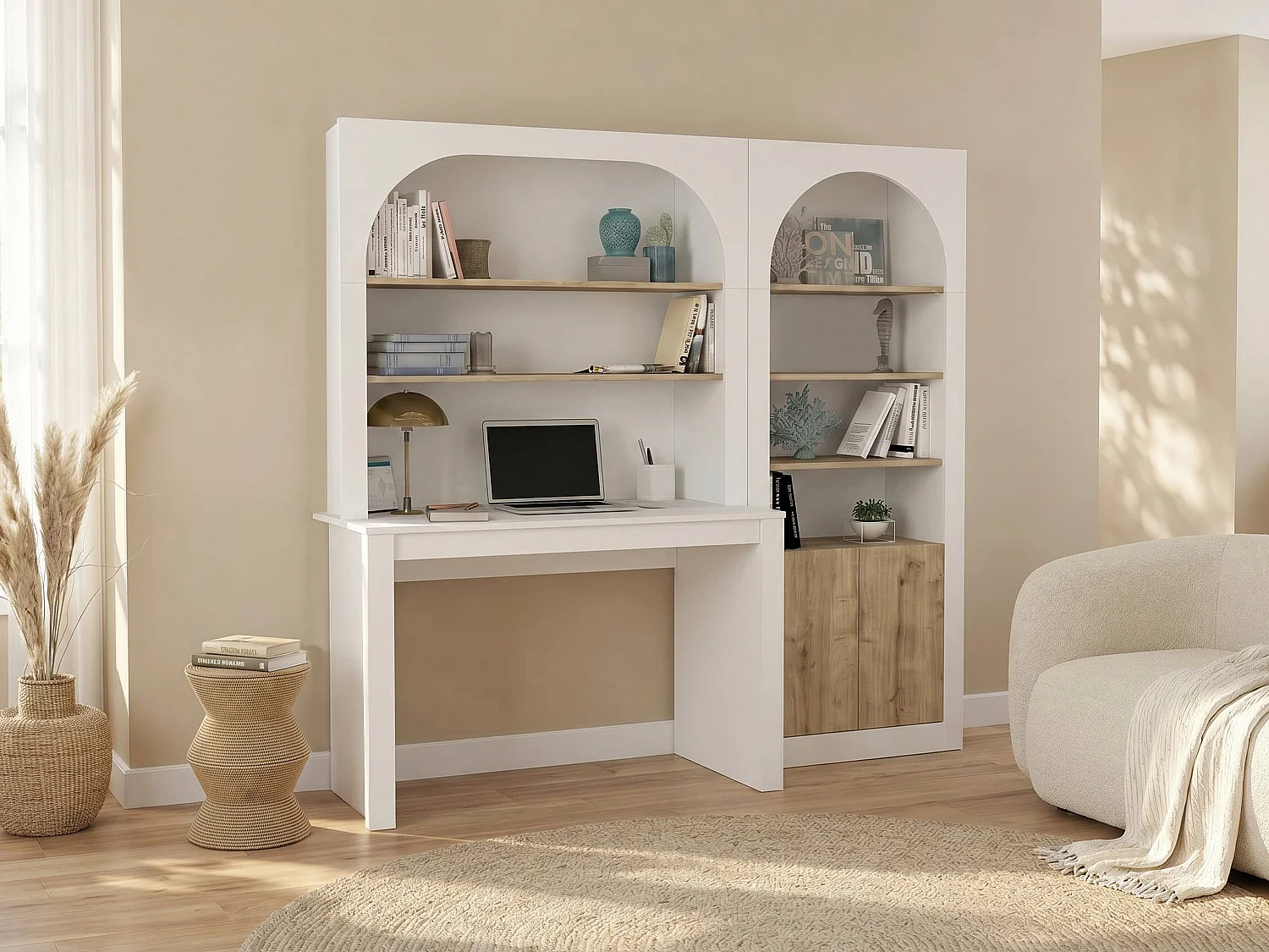 Bureau bibliothèque avec 2 étagères 4 niches et 2 portes - Blanc et naturel - CYMORA