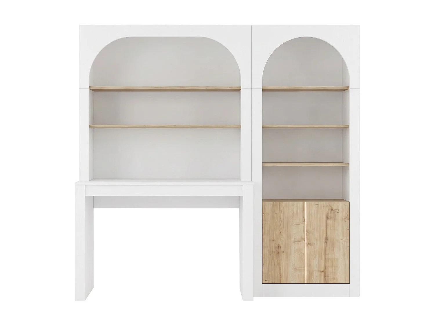 Bureau bibliothèque avec 2 étagères 4 niches et 2 portes - Blanc et naturel - CYMORA