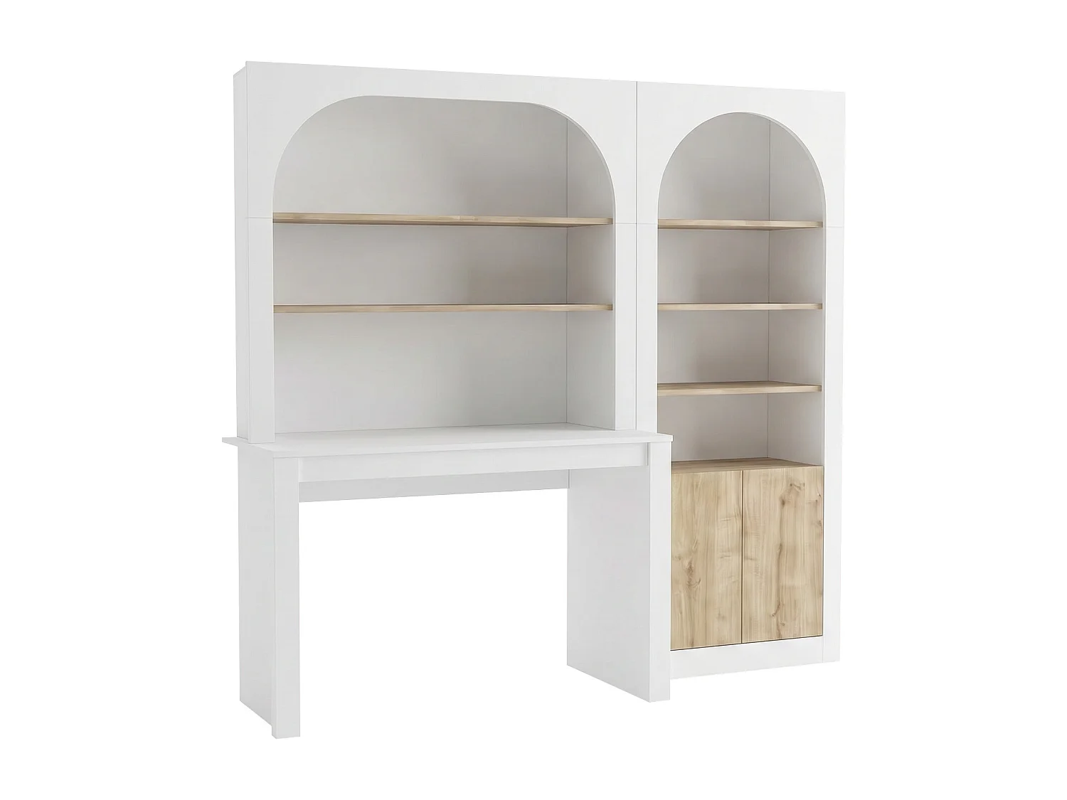 Bureau bibliothèque avec 2 étagères 4 niches et 2 portes - Blanc et naturel - CYMORA