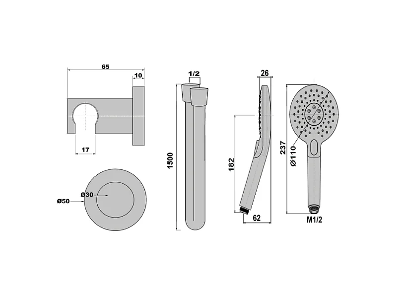Pommeau de douche PAINI Jewel 3 jets avec support et flexible chromé