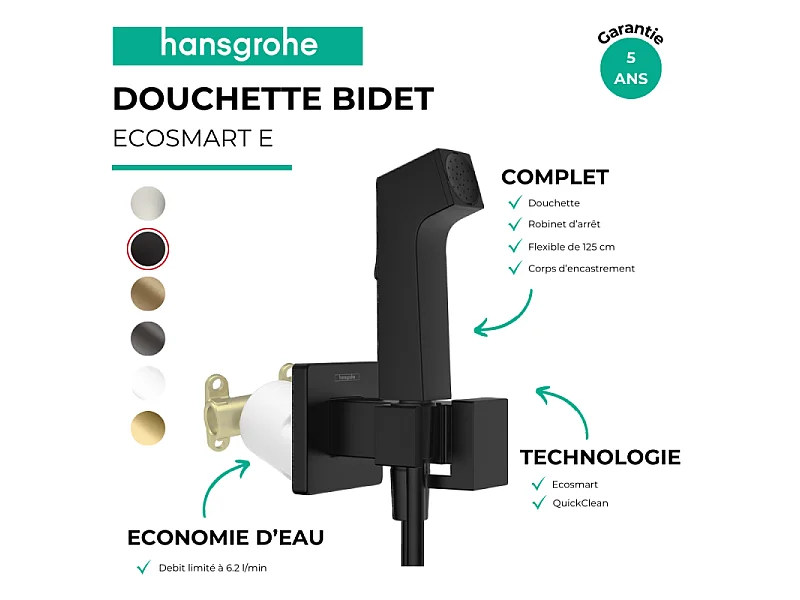 Douchette bidette HANSGROHE EcoSmart E avec robinet d'arret et corps d'encastrement Noir mat