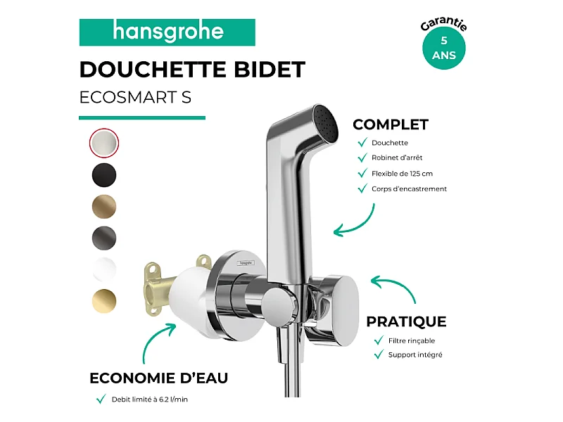 Douchette bidette HANSGROHE EcoSmart S avec robinet d'arret et corps d'encastrement Chromé