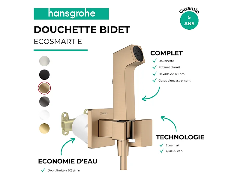 Douchette bidette HANSGROHE EcoSmart E avec robinet d'arret et corps d'encastrement Bronze brossé