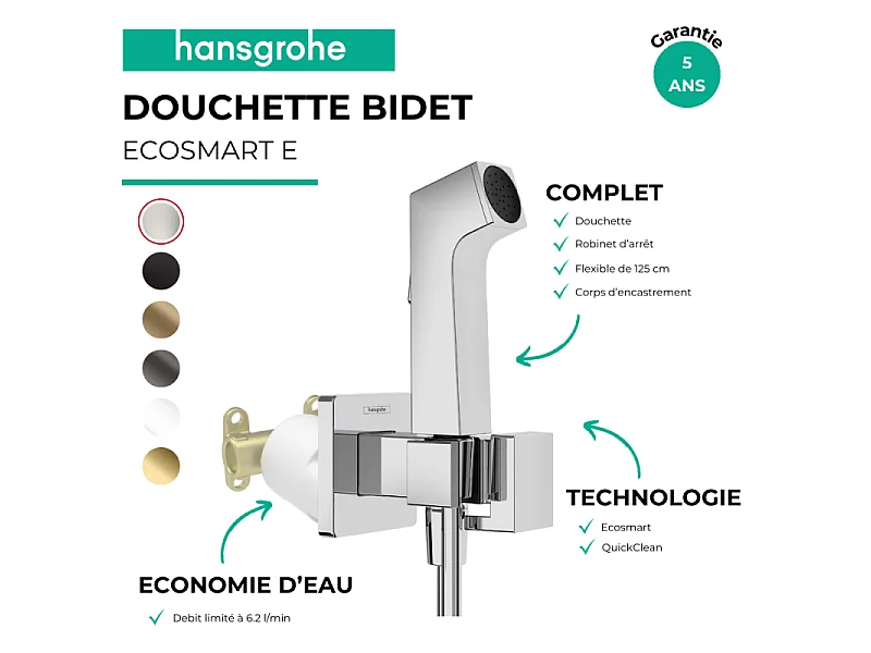 Douchette WC HANSGROHE EcoSmart E avec robinet d'arret et corps d'encastrement Chromé