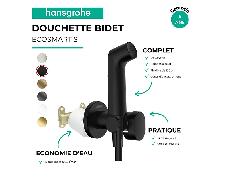 Douchette bidette HANSGROHE EcoSmart S avec robinet d'arret et corps d'encastrement Noir mat