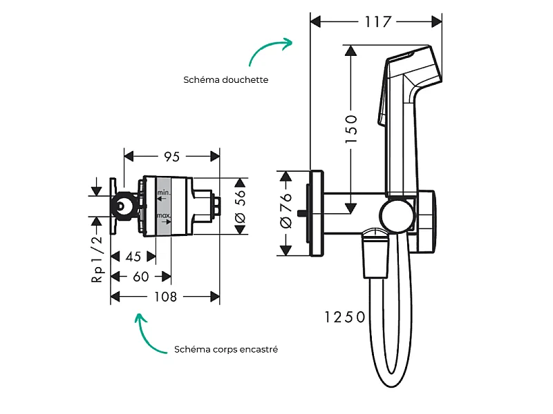 Douchette bidette HANSGROHE EcoSmart S avec robinet d'arret et corps d'encastrement Noir mat