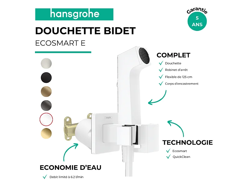 Douchette bidette HANSGROHE EcoSmart E avec robinet d'arret et corps d'encastrement Blanc mat