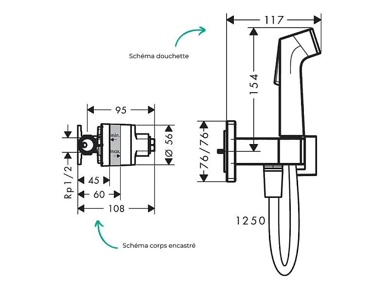 Douchette bidette HANSGROHE EcoSmart E avec robinet d'arret et corps d'encastrement Blanc mat
