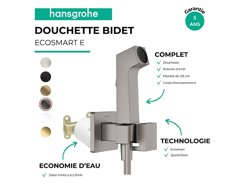 Douchette bidette HANSGROHE EcoSmart E avec robinet d'arret et corps d'encastrement Noir chromé brossé