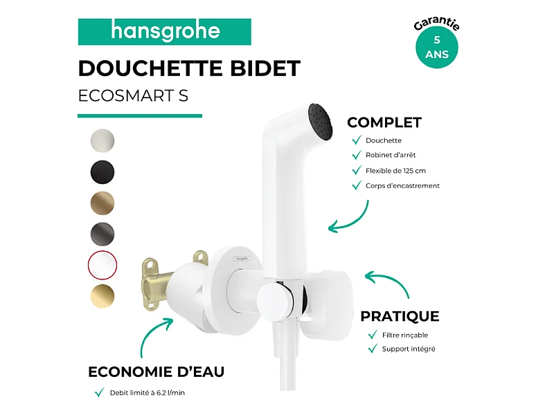 Douchette bidette HANSGROHE EcoSmart S avec robinet d'arret et corps d'encastrement Blanc mat