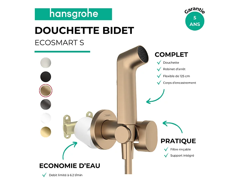 Douchette bidette HANSGROHE EcoSmart S avec robinet d'arret et corps d'encastrement Bronze brossé