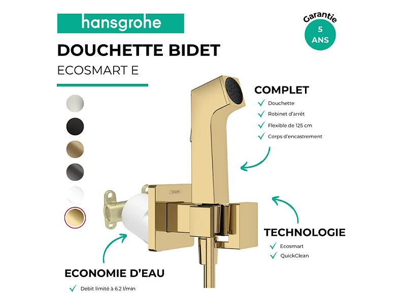 Douchette bidette HANSGROHE EcoSmart E avec robinet d'arret et corps d'encastrement Aspect doré poli