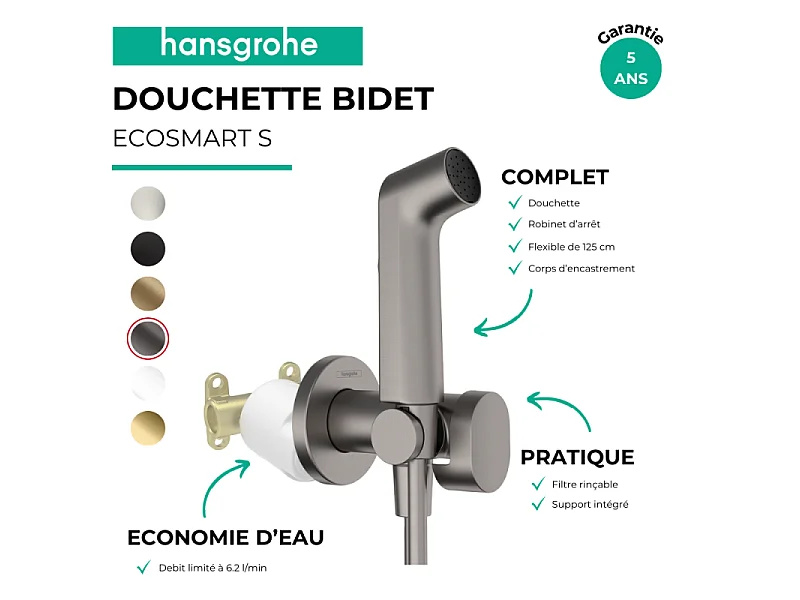 Douchette bidette HANSGROHE EcoSmart S avec robinet d'arret et corps d'encastrement Noir chromé brossé