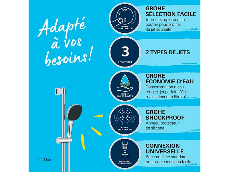 Ensemble de douche avec barre sans mitigeur 3 jets GROHE Vitalio Comfort 110 Chromé