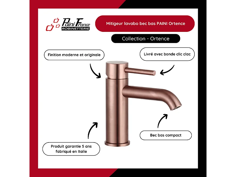 Mitigeur lavabo bec bas PAINI Ortence bronze cuivré avec vidage clic clac