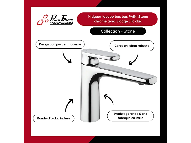 Mitigeur lavabo bec bas PAINI Stone chromé avec vidage clic clac