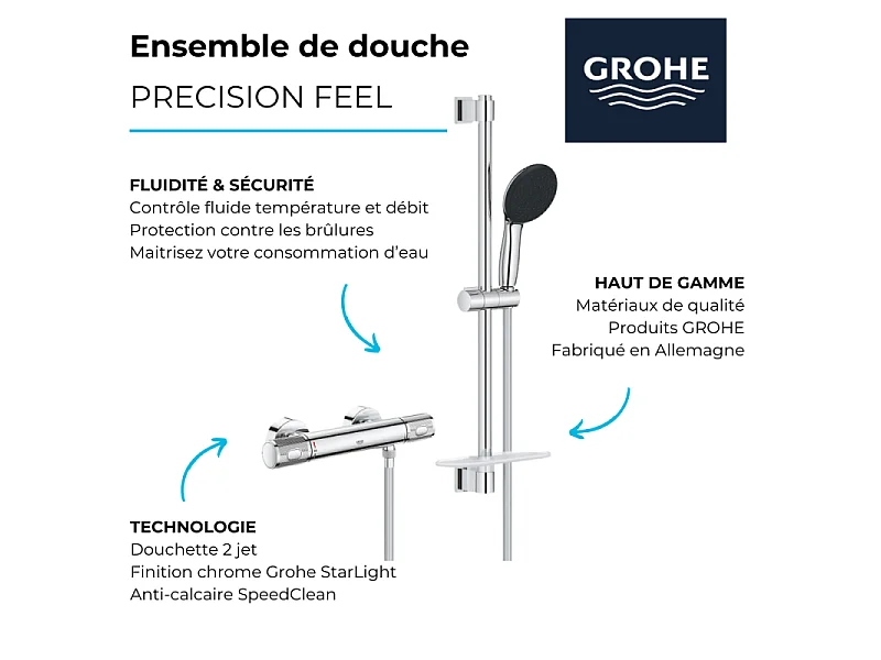 Ensemble de douche GROHE 34791001 Precision Feel mitigeur thermostatique pommeau 3 jets Chromé
