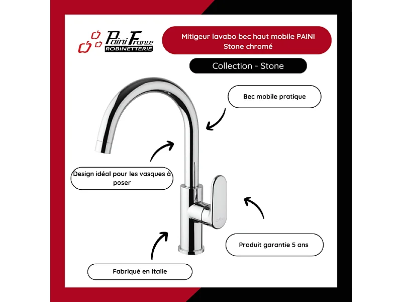 Mitigeur lavabo bec haut mobile PAINI Stone chromé