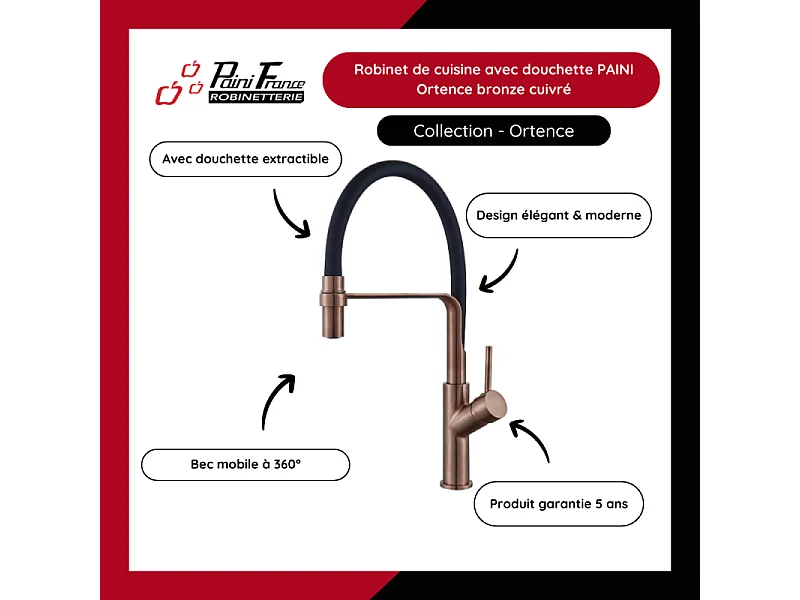 Robinet de cuisine avec douchette PAINI Ortence bronze cuivre
